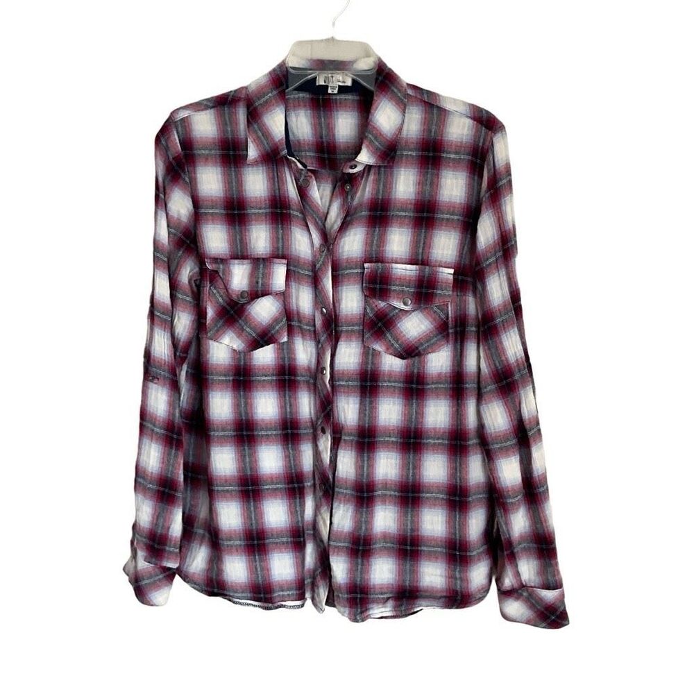 Kut from the Kloth Womens Plaid Collared Long Sleeve Red Button Up Shirt  Medium
